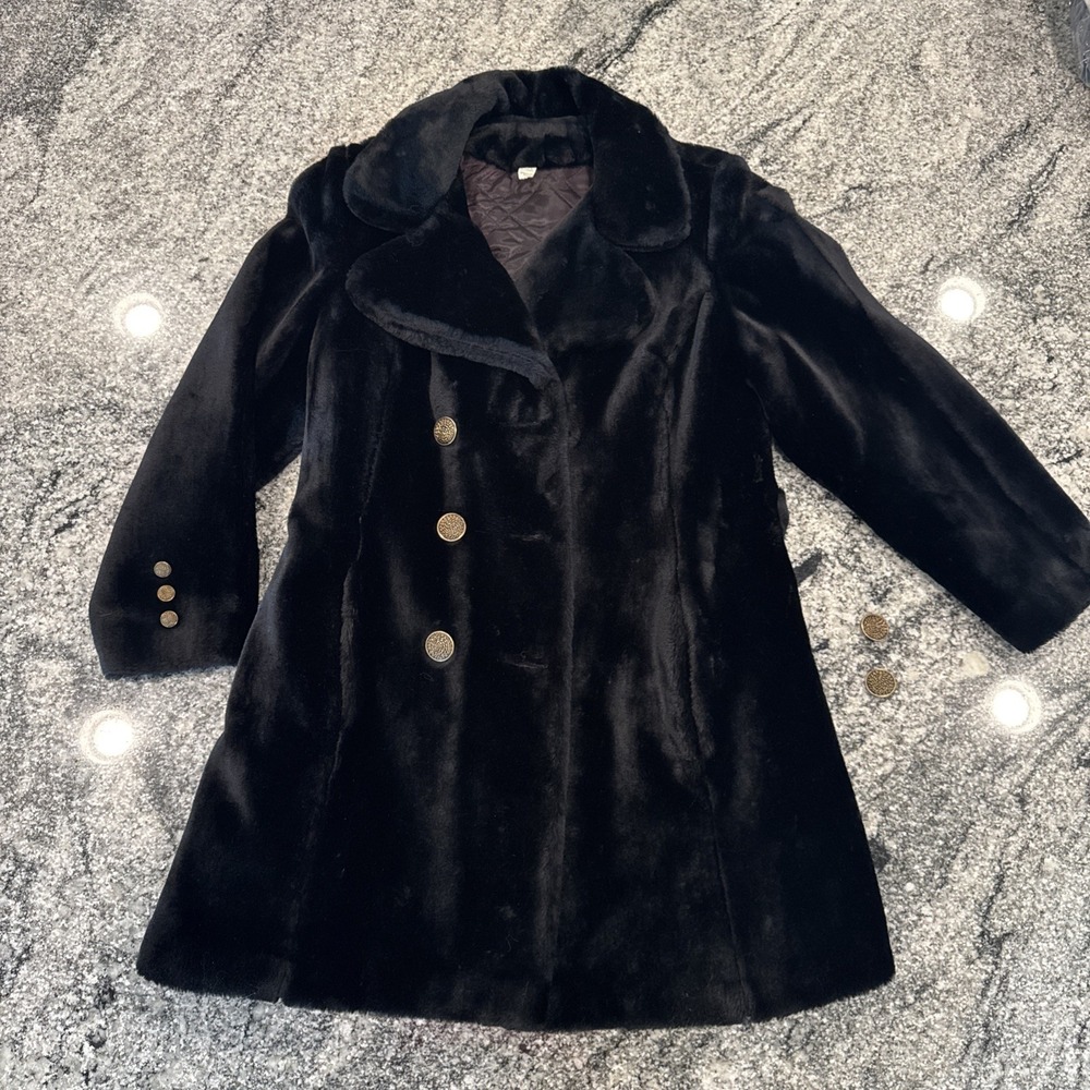 Vintage Glenbrooke 70s Double Breasted Black Faux Fur Coat Large Buttons Pockets